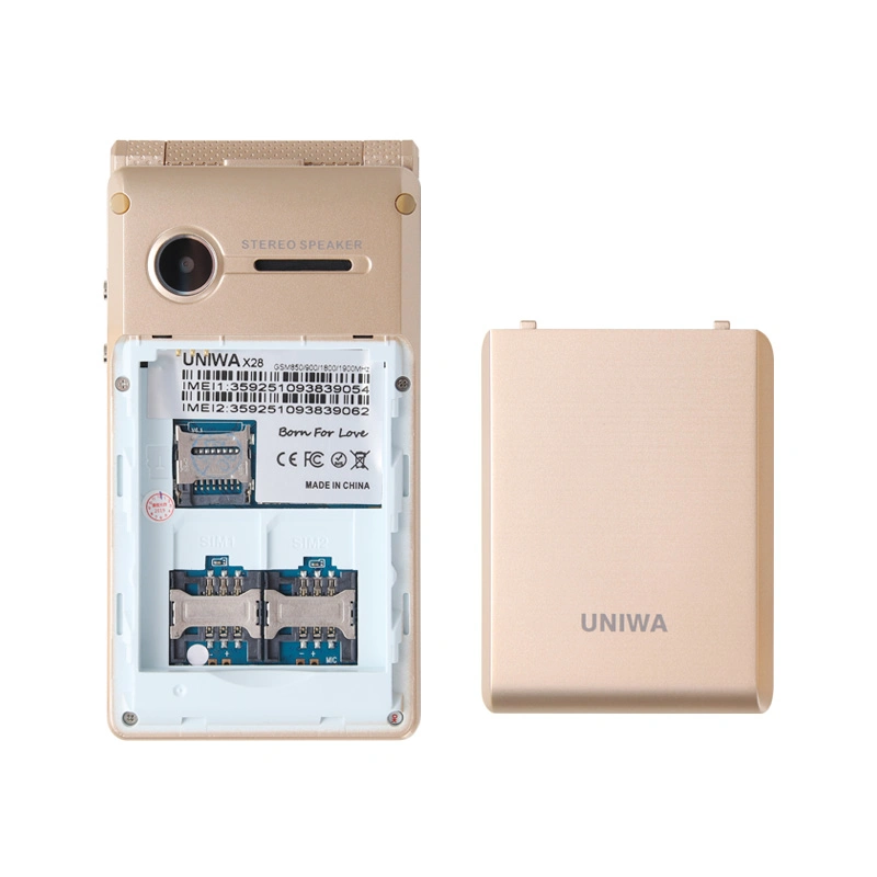 Tarjeta SIM Uniwa 2/1,77" de pantalla doble Sos X28 2,8 Botón grande Flip Teléfono móvil