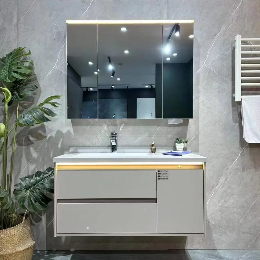 Plywood Vanity Cabinet Bathroom Furniture with LED Light Mirror Cabinet