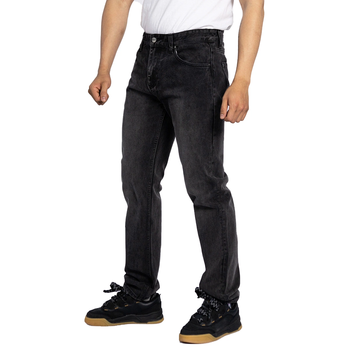 Pantalon en jean pour homme en tissu denim gris en coton doux avec cinq poches et coupe droite
