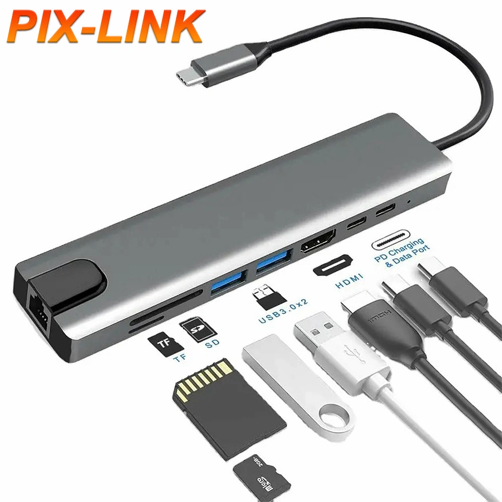 Hub USB C de 8 pulg. 1 tipo C a 4K Adaptador HD con cargador LAN Ethernet RJ45 Network 100m 1000m Adaptador de puerto para MacBook PRO
