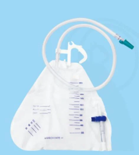 322 Shape, 2000ml Drainage Bag, with 120cm Inlet Tube, with Non Return Valve, Air Vent, Bed Sheet Clamp, Needleless Sampling Port, T-Tap Bottom Draining.