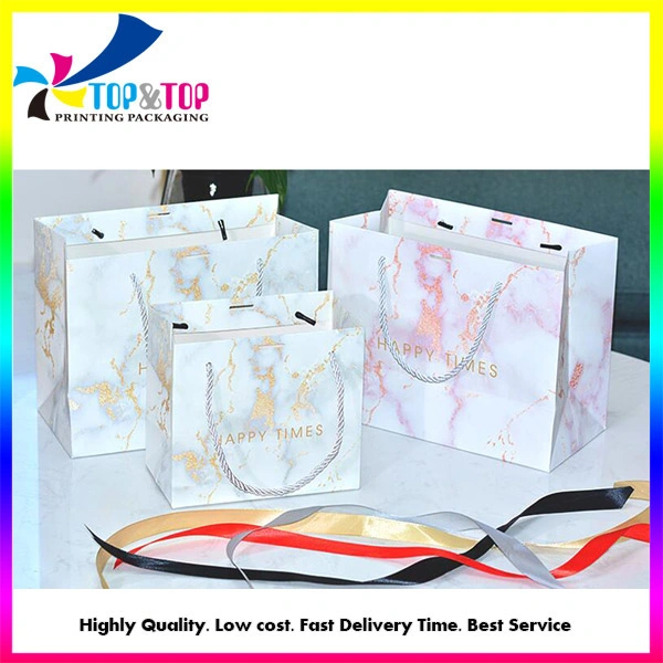 Custom Cardboard Marble Pattern Boutique Wedding Candy Business Clothing Shopping Packaging Paper Gift Bag with Bow