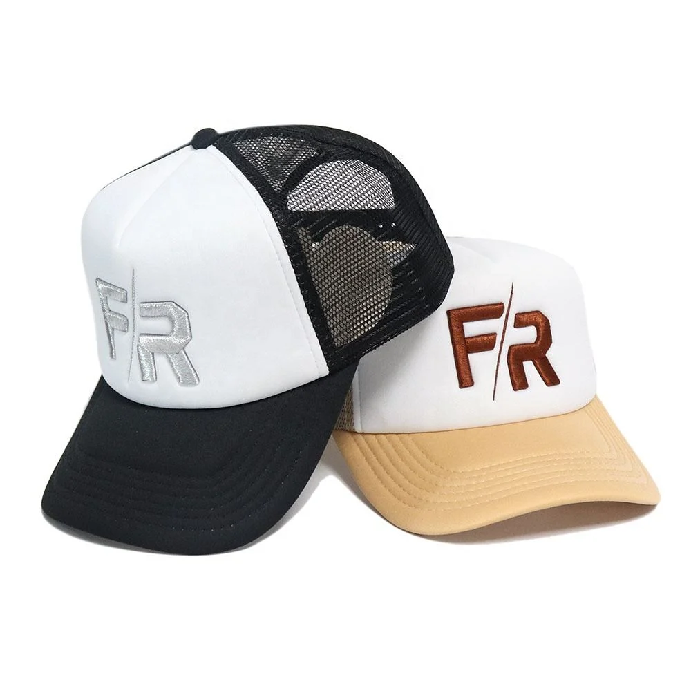 Customized Professional 5 Panel Foam Mesh Caps Metallic Embroidery Logo Mesh Back Trucker Caps