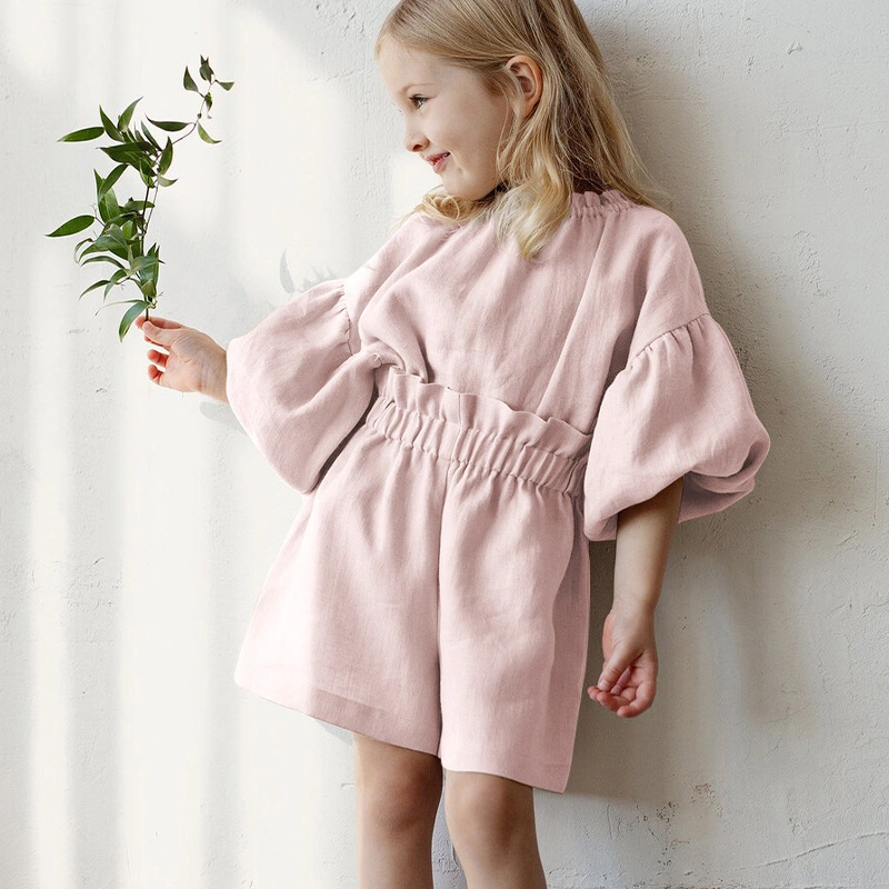 مخصص لون صيف جديات لباس طوق مستديرة طفلة فساتين الكتان