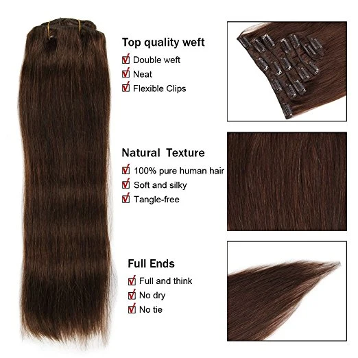 Human Hair Extensions 8pieces 20clips for Full Head Set Clip in Human Hair (AV-CH100-18-2)