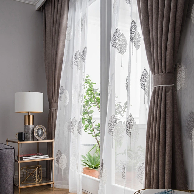 Simples e de folhas frescas de cor sólida de fios de cortina bordada Sala Quarto Janela Saliente