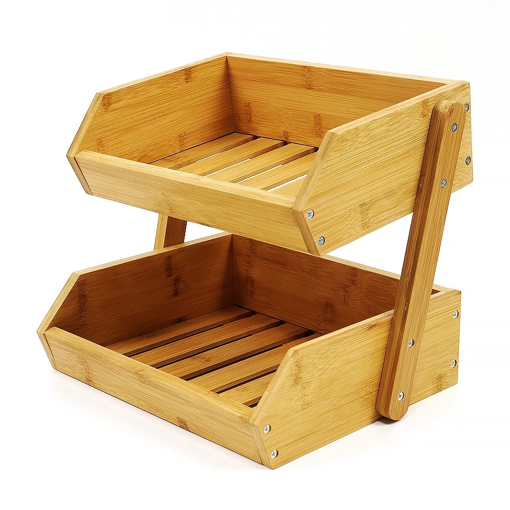 2 Tier Bamboo Fruit Basket for Kitchen Fruit Bowl for Kitchen Counter Large Capacity Fruit and Vegetable Storage