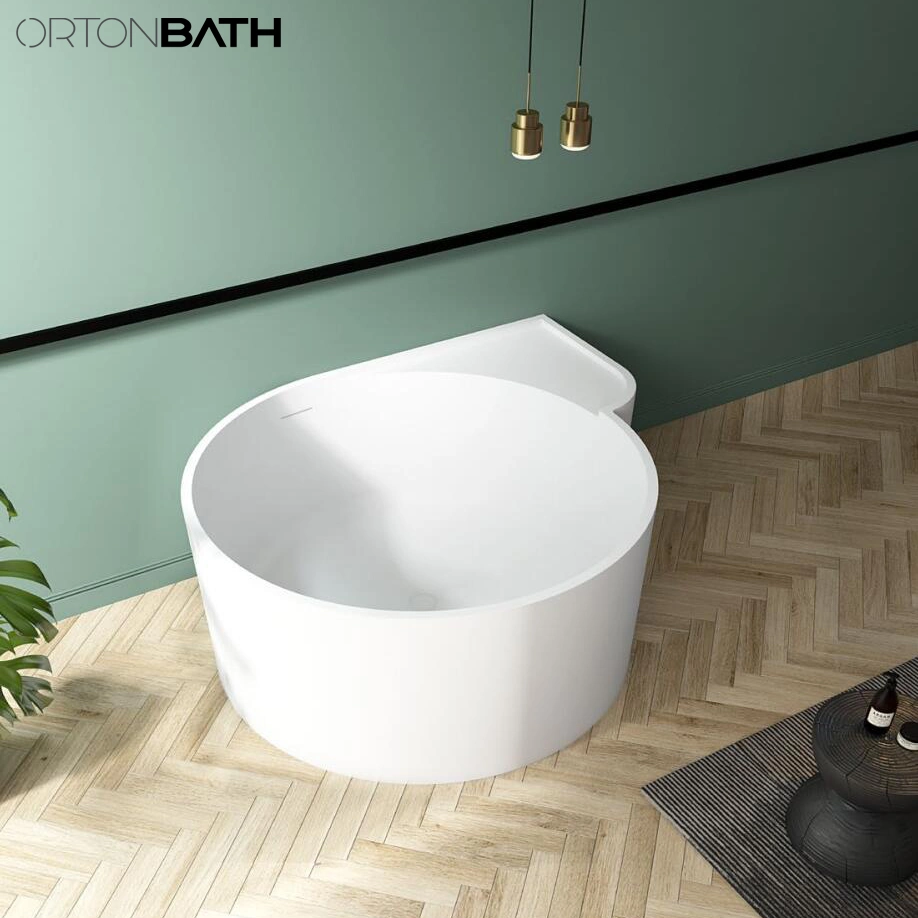 Ortonbath White Round Corner Large Adult Bathroom Tub Acrylic Solid Surface Bathtub Freestanding Deep Soaking Bathtub with Center Drain Overflow Shelf