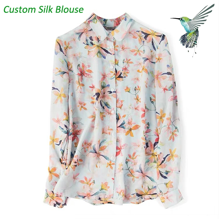 Custom Floral Print 100% Silk Women Blouse Silk Lady Shirt