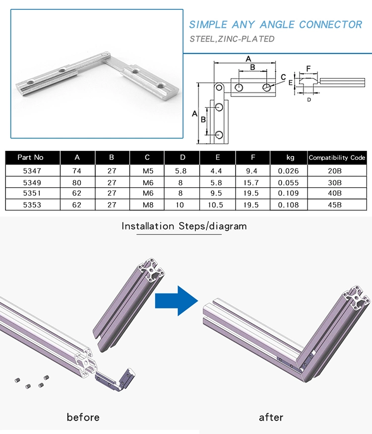 China proveedor OB40b sencillo cualquier ángulo de acero galvanizado de conector para el perfil de aluminio