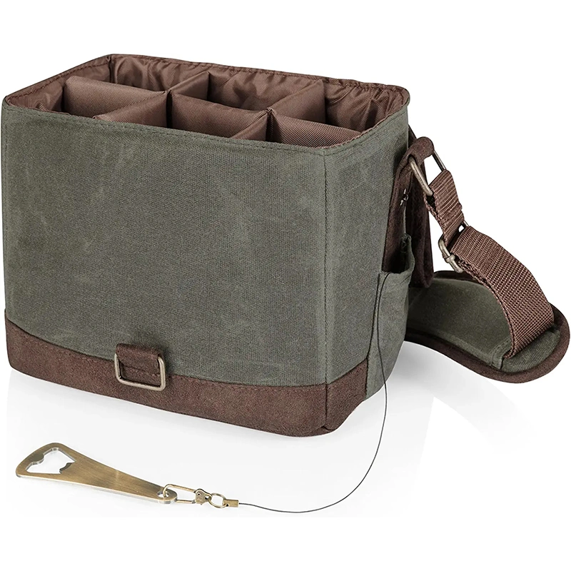 Removable Inner Divider 6-Bottle Beer Caddy Waxed Cotton Canvas Beer Shoulder Bag