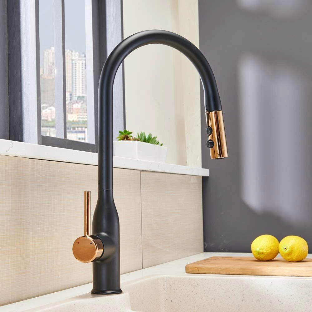 Luxury 360 Rotation Matte Black Hot Cold Kitchen Taps Mixer with Water Purifier 2 Function Pull Down Faucets