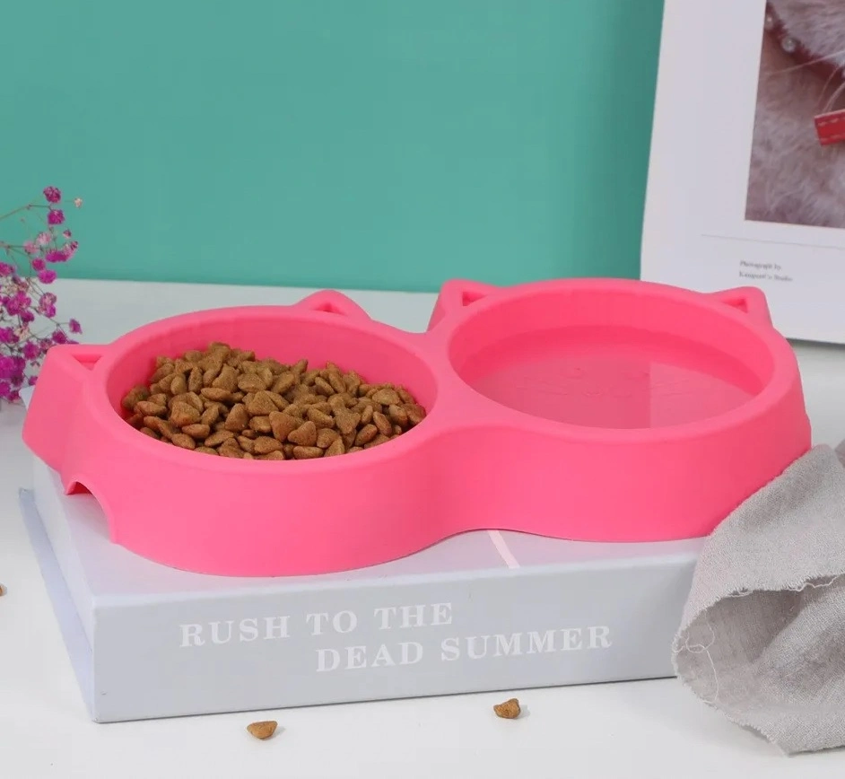 Pink Silicone Cat Double Bowls Pet Dogs Feeder Bowls Dogs Pet Product