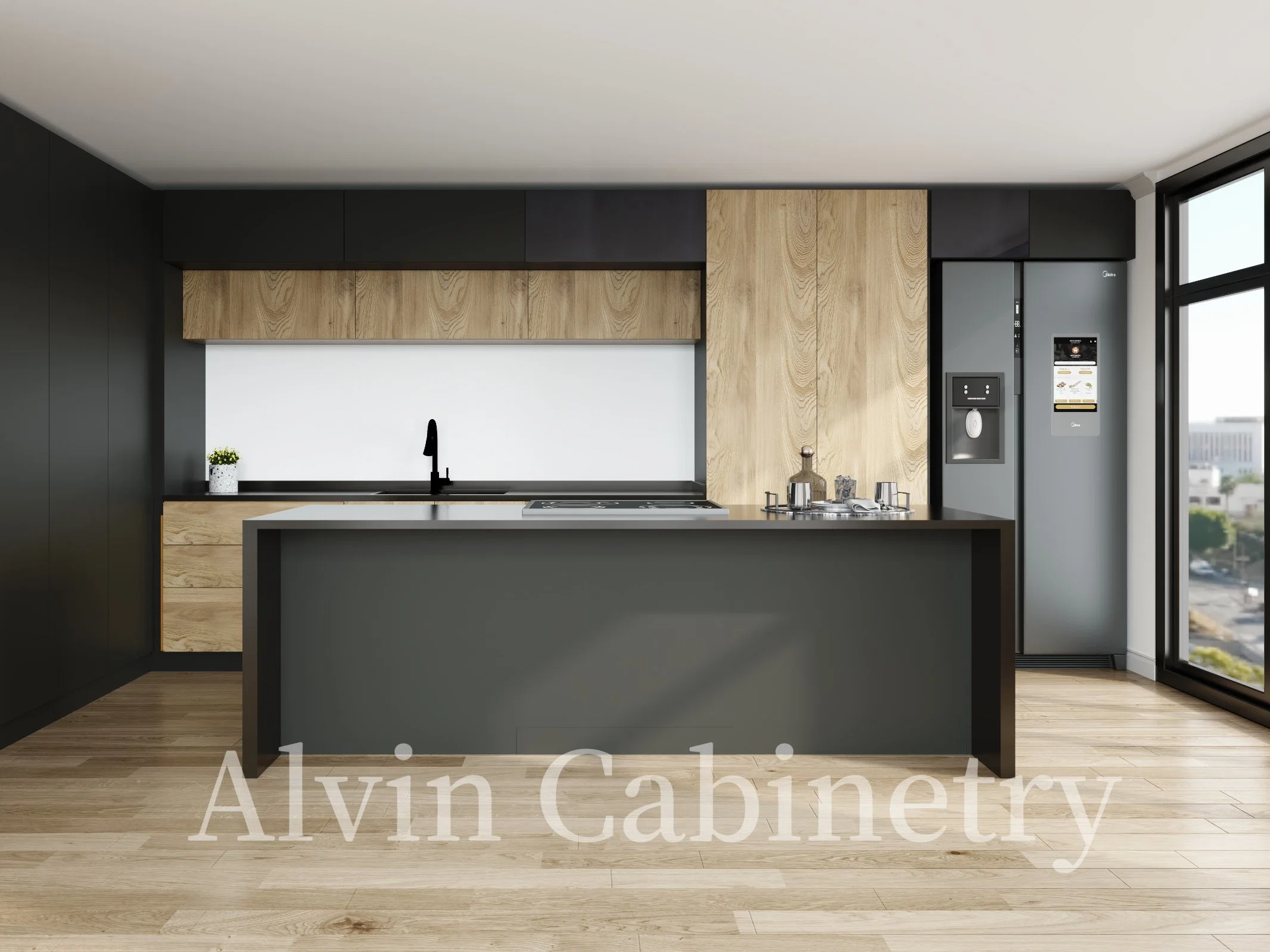 Modern Lacquer Kitchen Cabinet Set with Wood Grain Melamine Finished Home Furniture