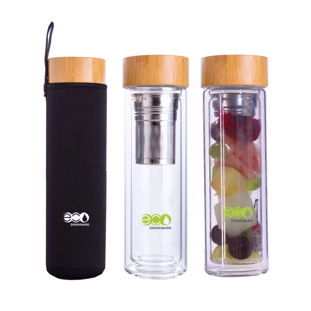 Ga6000 Neues BPA Free 500ml Bamboo Deckel doppelwandiges Glas Kaffeebecher Großhandel/Lieferant Custom Logo mit Tee-Infuser Glas Tumbler Glas Tasse Glas Wasserflasche