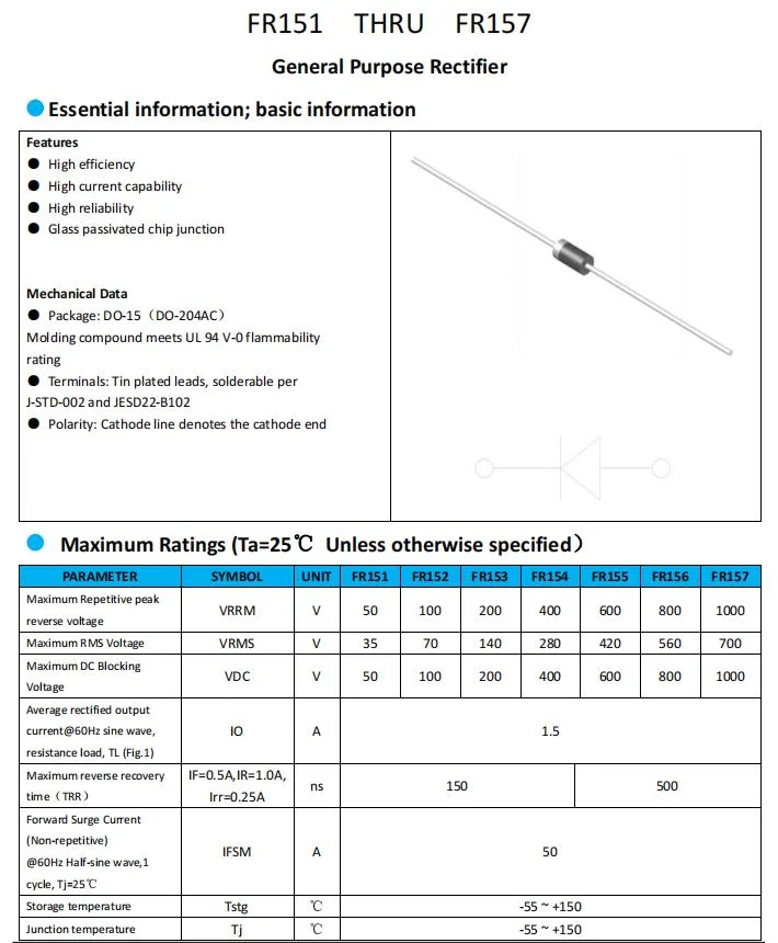 Fr156 Do-15 Axial Fast Recovery Rectifier Diode 1.5A Rectifier Diode