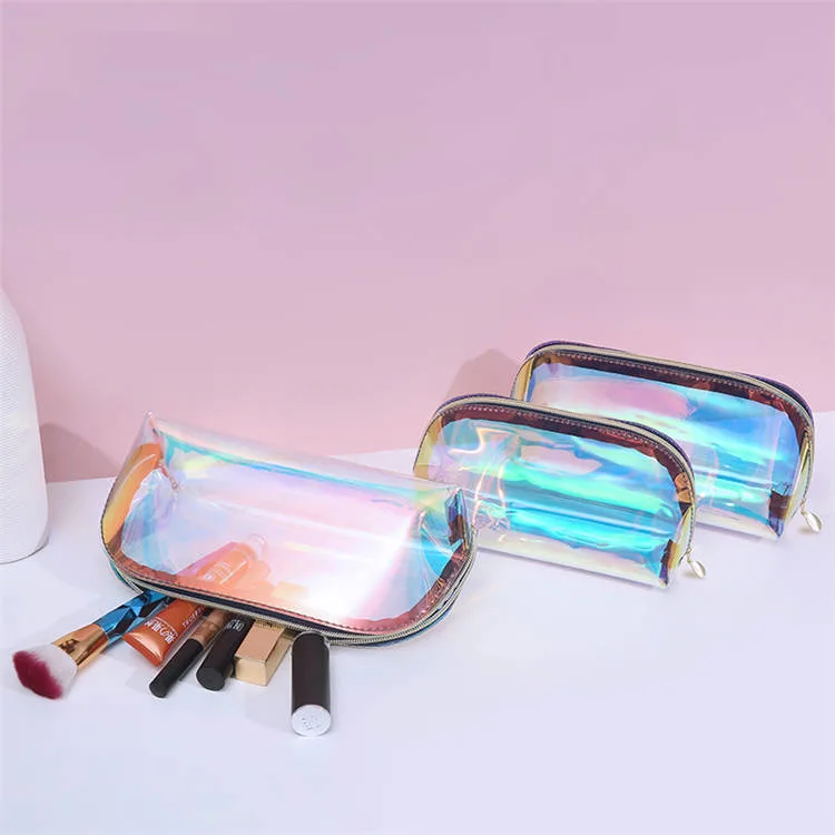 Low MOQ Custom Logo Clear Transparent Holographic Makeup PVC Pouch