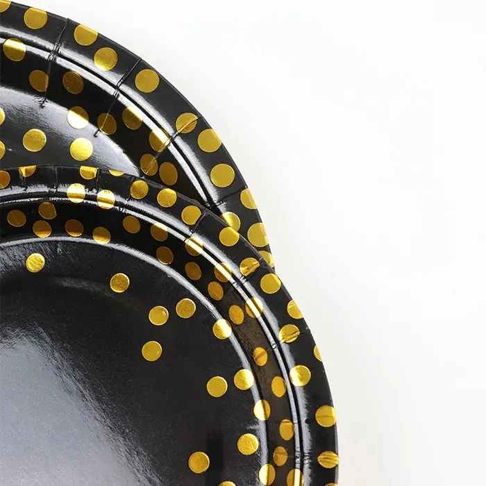 Black Printed Gold DOT Foil Dinnerware Dessert Dinner Paper Plates in Bulk