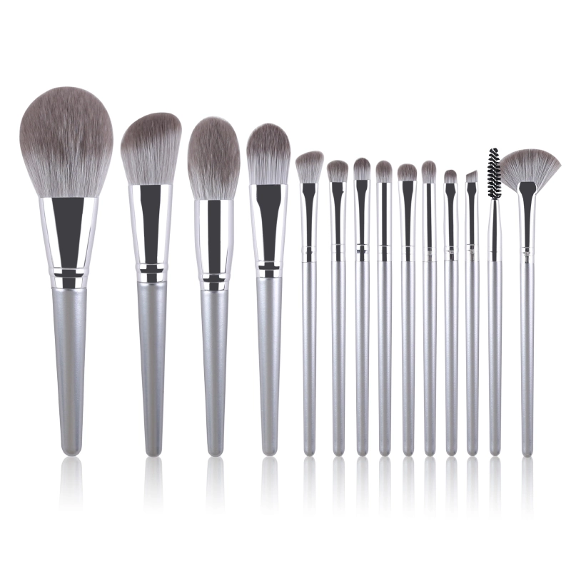 14 PCS Synthetic Hair Makeup Brushes OEM ODM Cosmetic Brush Manufacture Silver Handle