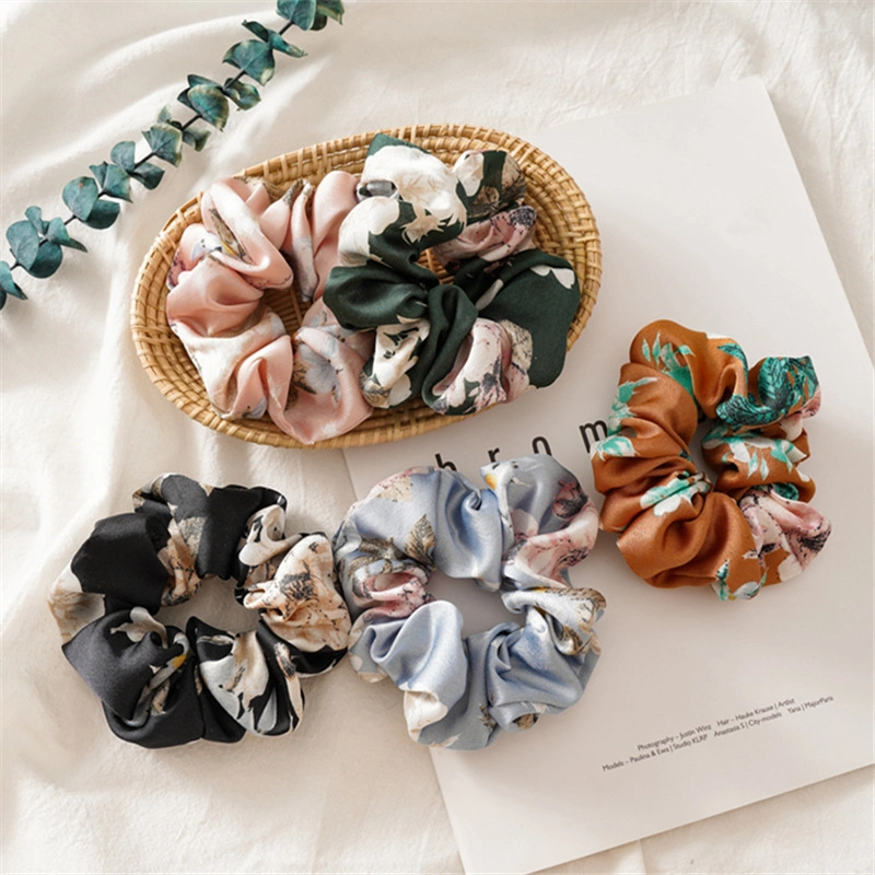 Vintage Satin Cloth Fabric Scrunchies Elastic Hair Bands Headband Ponytail Holder Ties Rope Hair Accessories Gift Floral Print