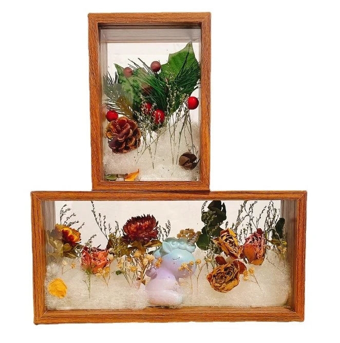 Madeira Atacado moldura fotográfica Arte de flor Hollow 3D Double Frame Caixa de apresentação em acrílico transparente