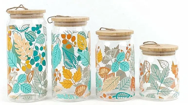 Set of 4 High Borosilicate Glass Decal Pattern Storage Container Jar with Wooden Lid