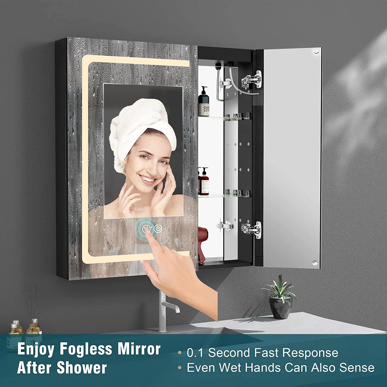 LED Lighted Medicine Cabinet with Lights 30 X 32 Double Doors Bathroom Mirror with Storage 3 Side Mirrored Surface Mounted Defogger Dimming Adjustable Color A91