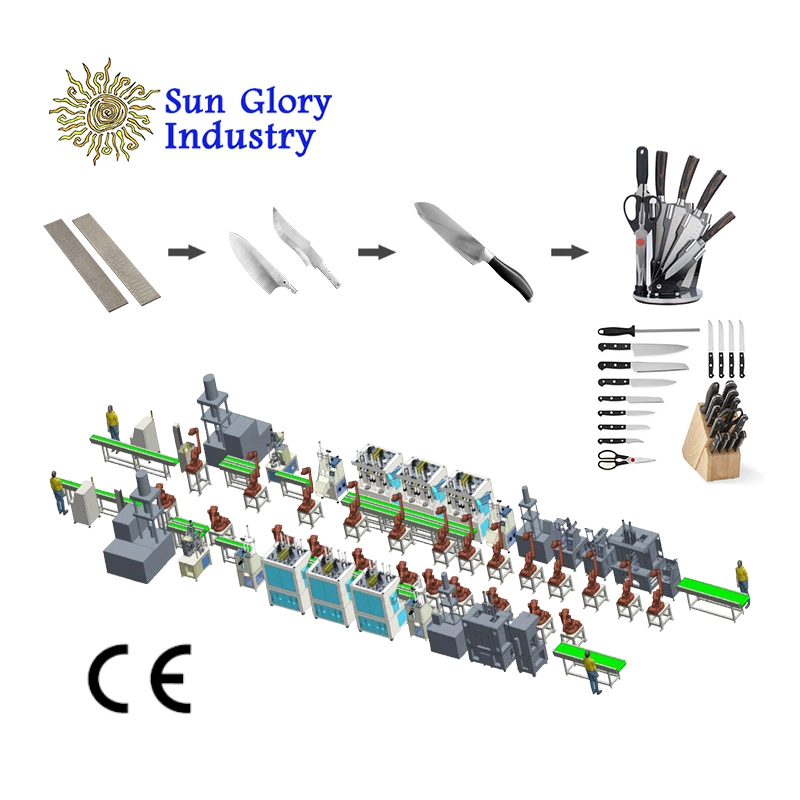 Ligne de production de couverts en métal pour la fabrication de couverts en acier inoxydable, comprenant une machine à fabriquer des cuillères, des fourchettes et des couteaux de Sunglory Tableware Manufacturing Machinery.