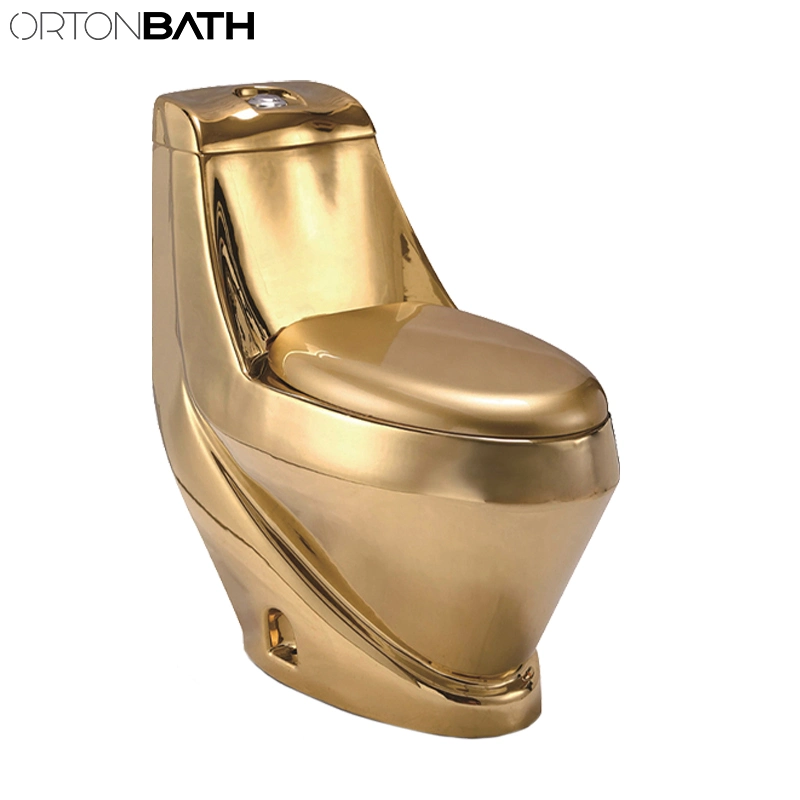 Ortonbath Saso Middle East Wash Down Gold White Lines Electroplating Bathroom Commode Set Floor Standing One Wc Toilet with Seat Cover Bowl Accessories