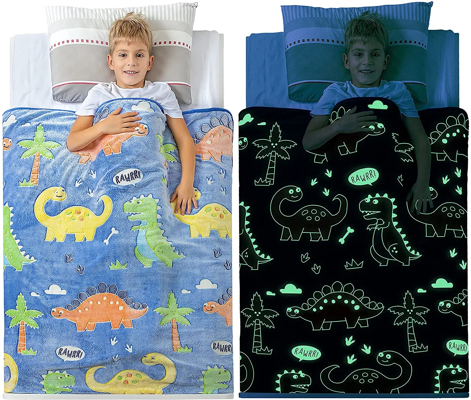 Glow in The Dark Dinosaur Blanket for Boys &ndash; Soft Plush Blue Fleece Throw Blanket. Great Dinosaur Gifts for Kids, Grandkids, Baby, Toddler, Birthday