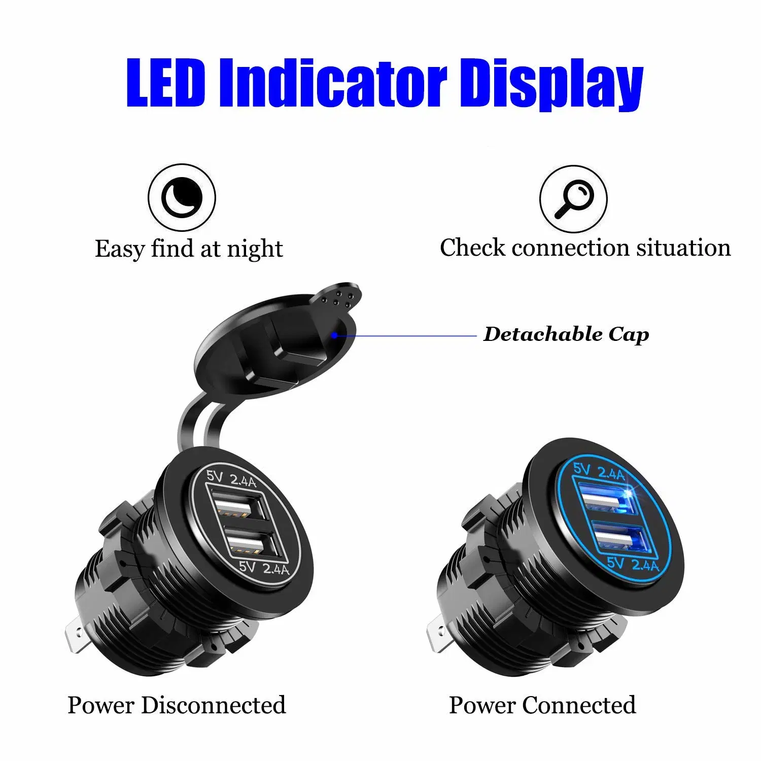 Dual USB Charger Socket Power Outlet 2.4A & 2.4A (4.8A) with Wire in-Line 10A Fuse for 12V/24V Car Boat Marine Motorcycle RV Truck Camper Vehicles and More