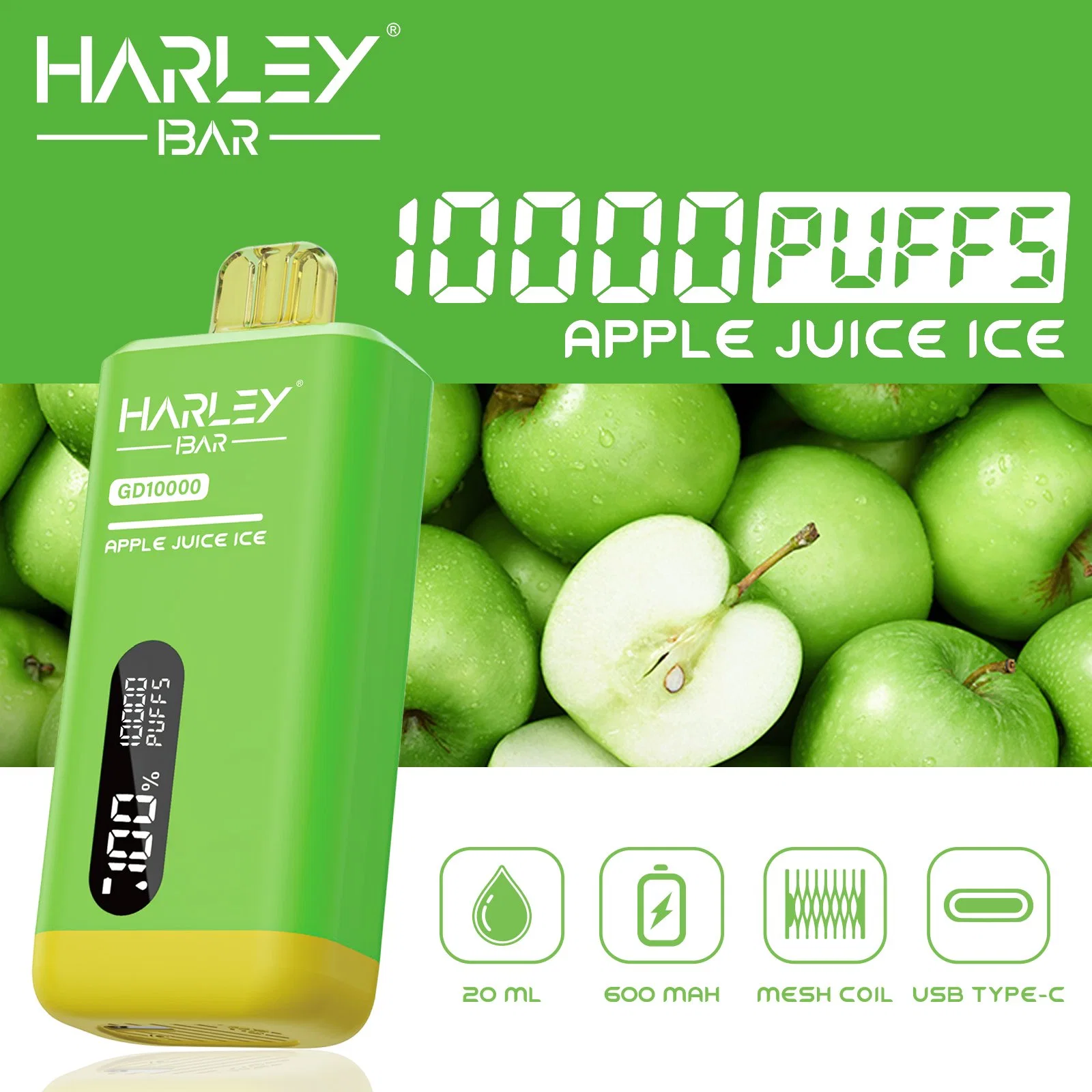 2024 Nueva pantalla LED original de fábrica desechable vape Harleybar Gd10000 Soplos