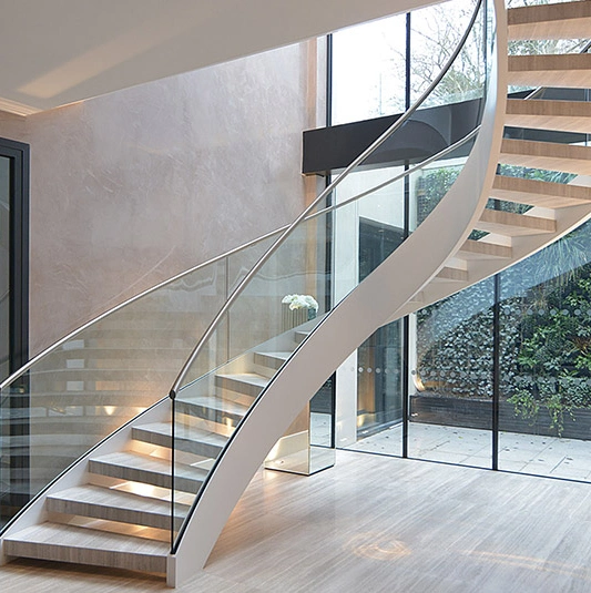 Modern Indoor Wood Stainless Steel Curved Stairs with Glass Railing