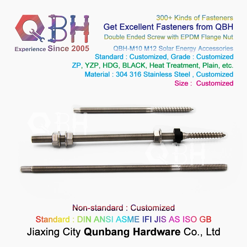 Qbh Customized Carbon Steel/Stainless Steel PV Power Energy Panel Bracket Hanger Roofing Dual Double End Stud Rod Head Screw Bolt Solar Component