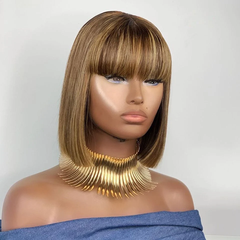 None Lace Front Human Hair Wig Full Machine Made Wig with Bangs