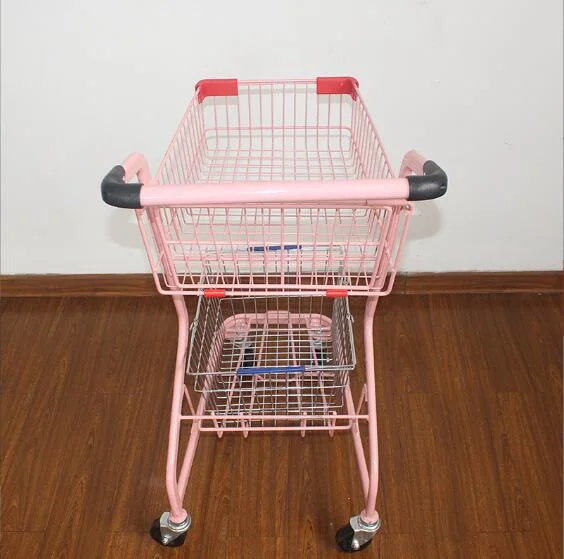 Double-Layer Shopping Trolley Carts Pink Party Shopping Hand Push Carts with Wheels