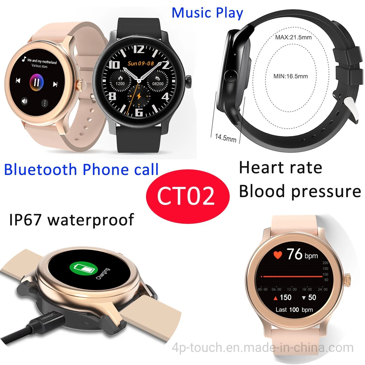 La moda elegante dama Reloj inteligente apoyar la reproducción de música llamada de teléfono Bluetooth CT02