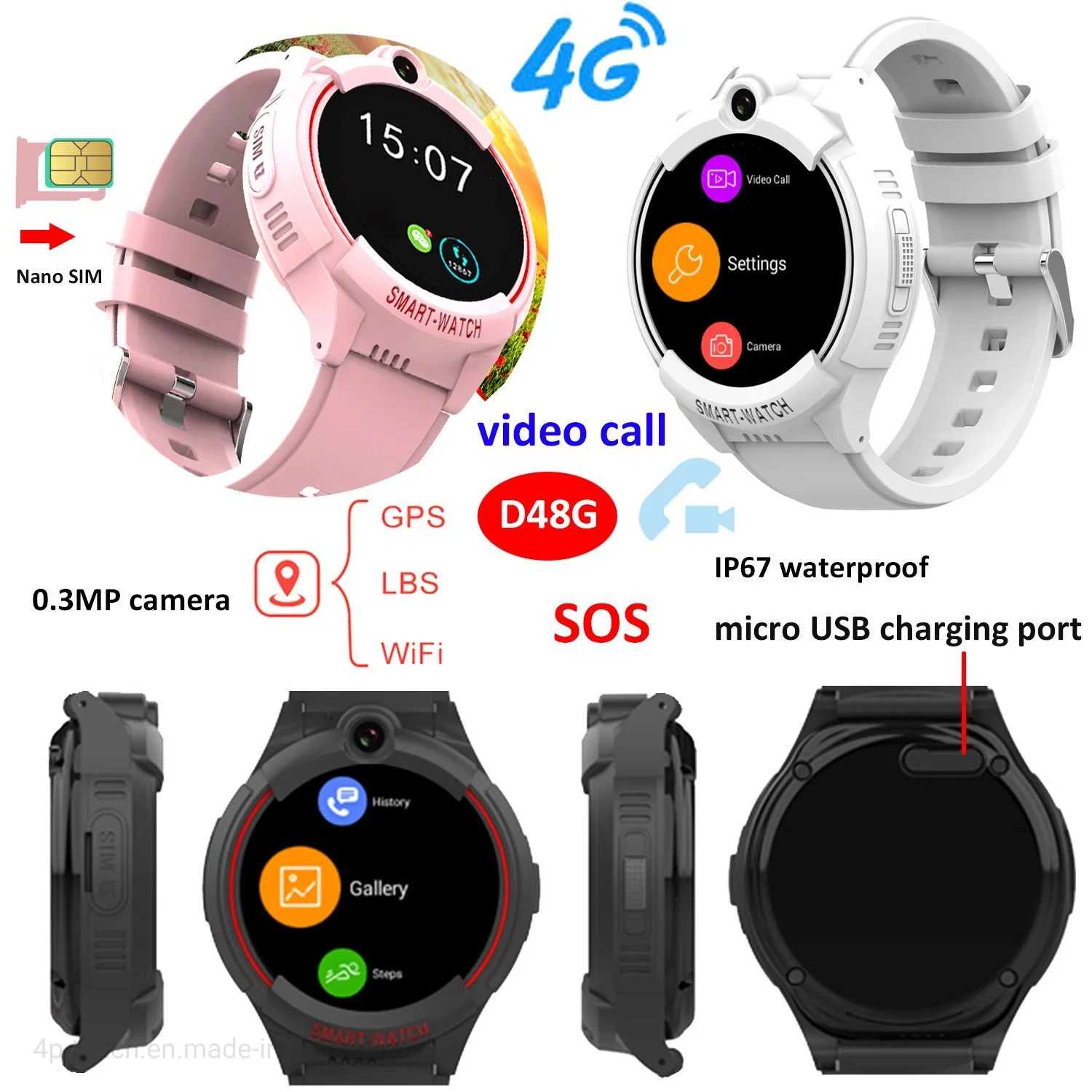 Nouveau design IP67 étanche 4G Kids Watch Phone GPS personnel Appareil de suivi avec surveillance de carte en direct appel vidéo international gratuit D48G