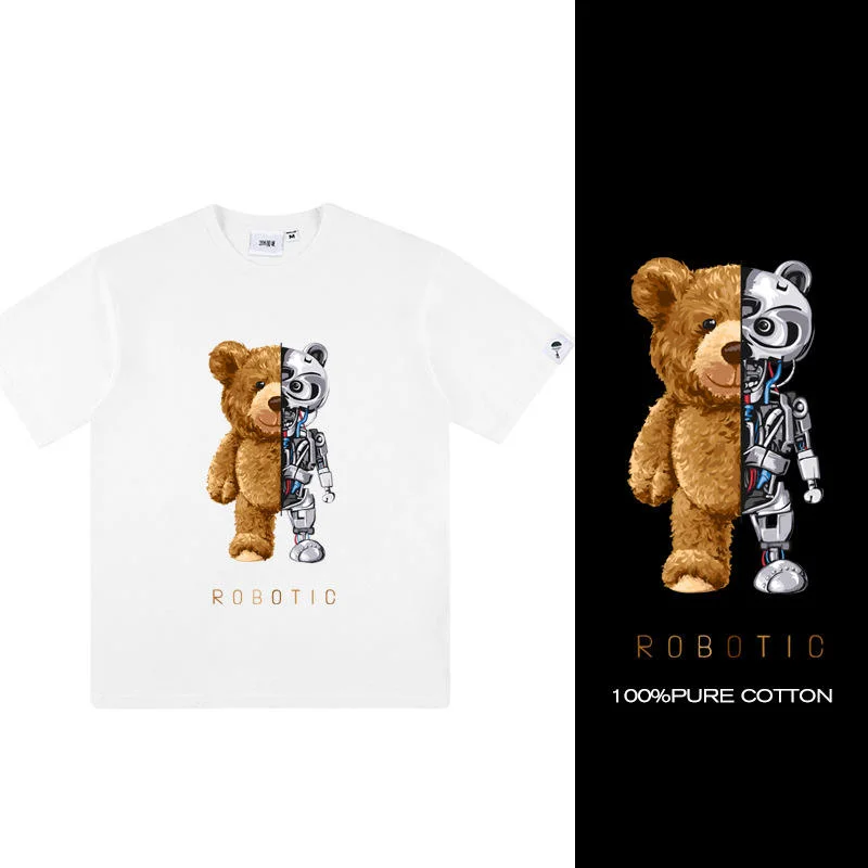 Logotipo de impresión personalizada bordado Verano 100% algodón Teddy camisa Camisetas con estampado de robots Bear de manga corta de Hip Hop Camiseta TOPS para hombre