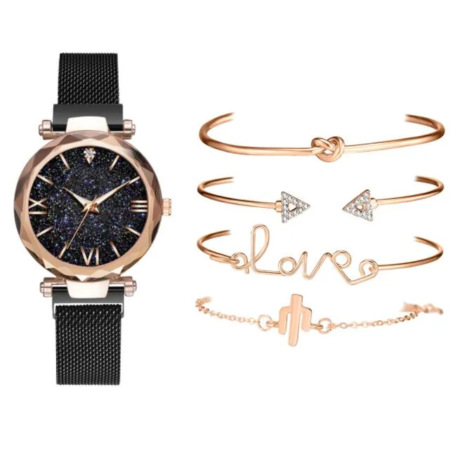 Luxury Women Watches 6PCS Set Elegant Female Wristwatches Magnetic Mesh Band Rose Woman Bangle Bracelet Watch Set