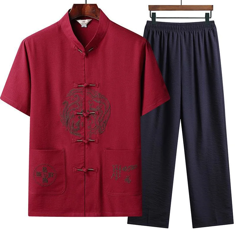 Traditional Chinese Clothing Tang Suit Men Garment Embroidery Logo Anti-Wrinkle Polo Shirts