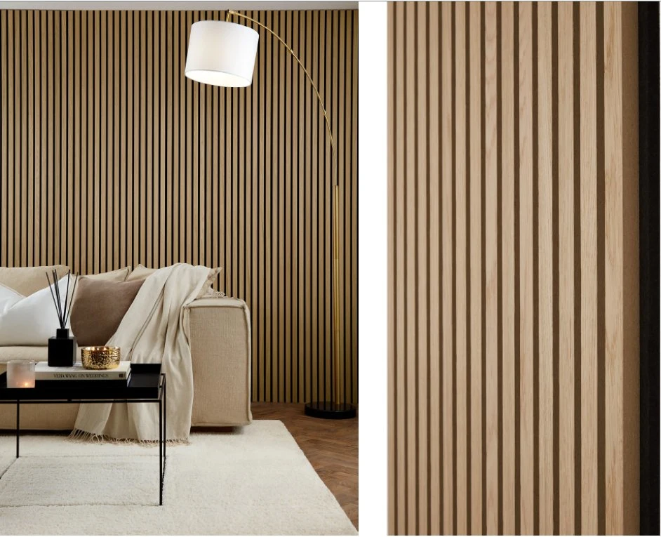 Decoración de pared absorbe sonido MDF poliéster Akupanels madera slatted acústica Paneles para Insonorización interior