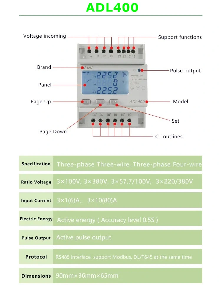 Acrel Adl400 Series 4p Three-Phase Electric Energy Power Watt-Hour Meter with MID Certificate 2-31st Harmonic RS485 Double-Tariff Max Demand for EV Charger