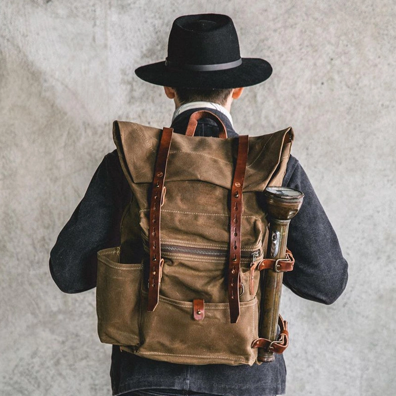 Fashion Trend Portable Unisex Canvas Stitching Bag Backpack Vintage Handmade Genuine Leather Outdoor Hiking Backpack Rucksack