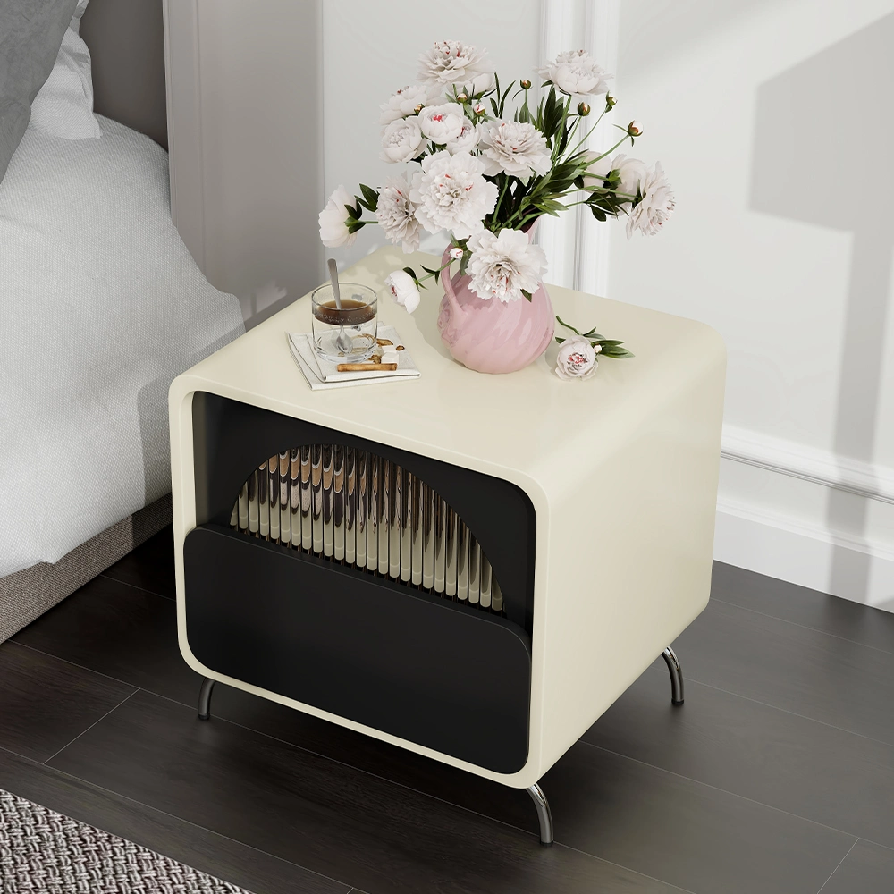 Modern Black and White Nightstand with Semi-Transparent Rainbow Glass Door Nightstand