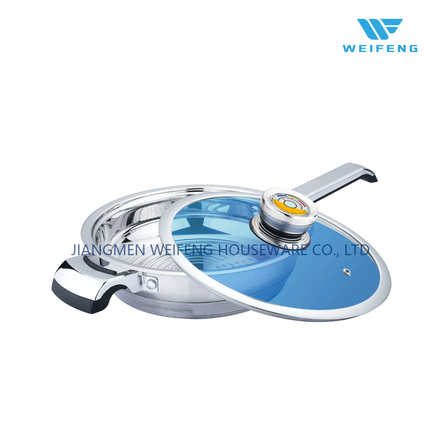 Wide Edge Stainless Steel Cookware Set with T Shape Blue Glass Lid