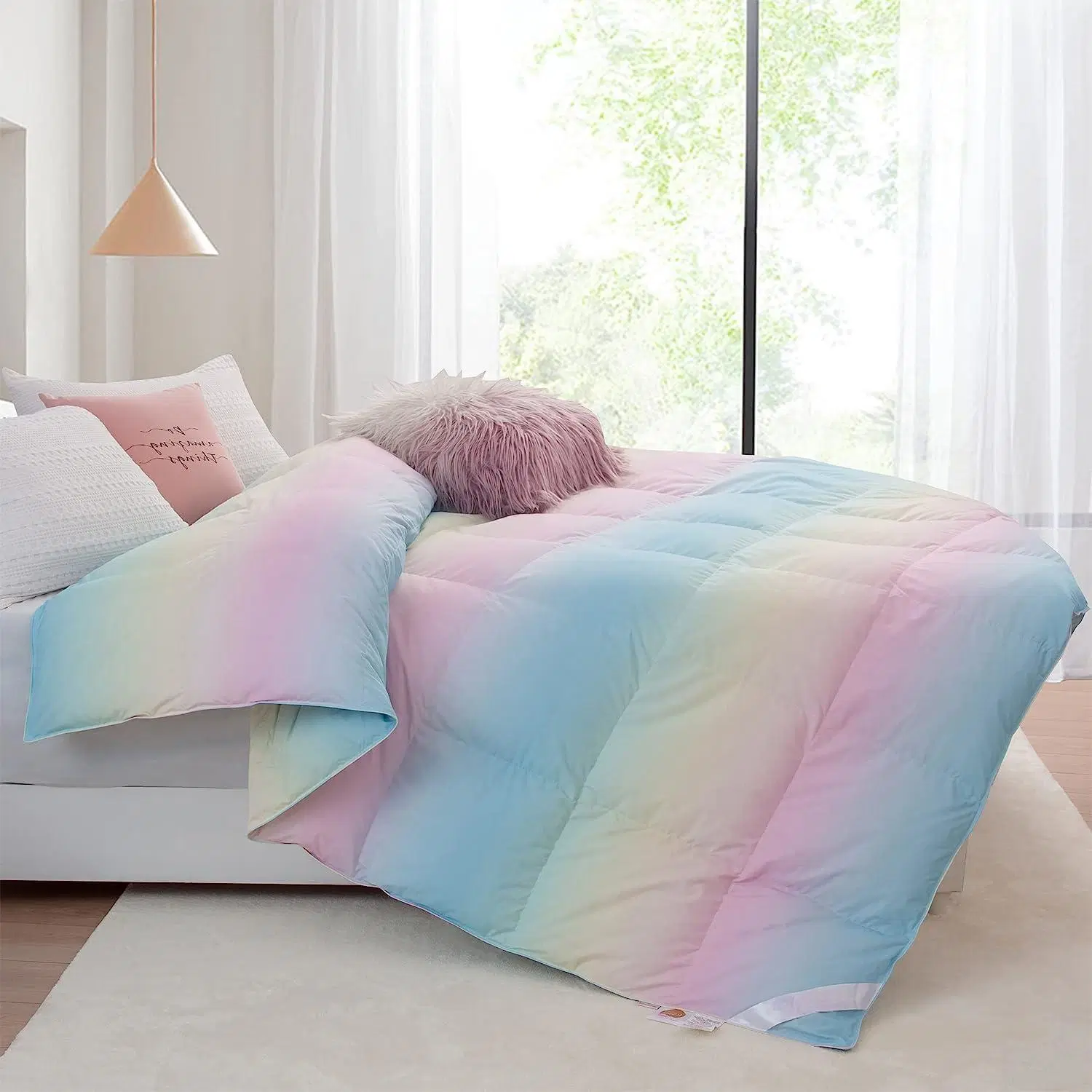 All-Season 75% Down Comforter Oversized Queen, Fluffy Duvet Insert with 8 Corner Tabs, Durable Down Proof Cotton Blended Fabric (Rainbow, 98"X98")