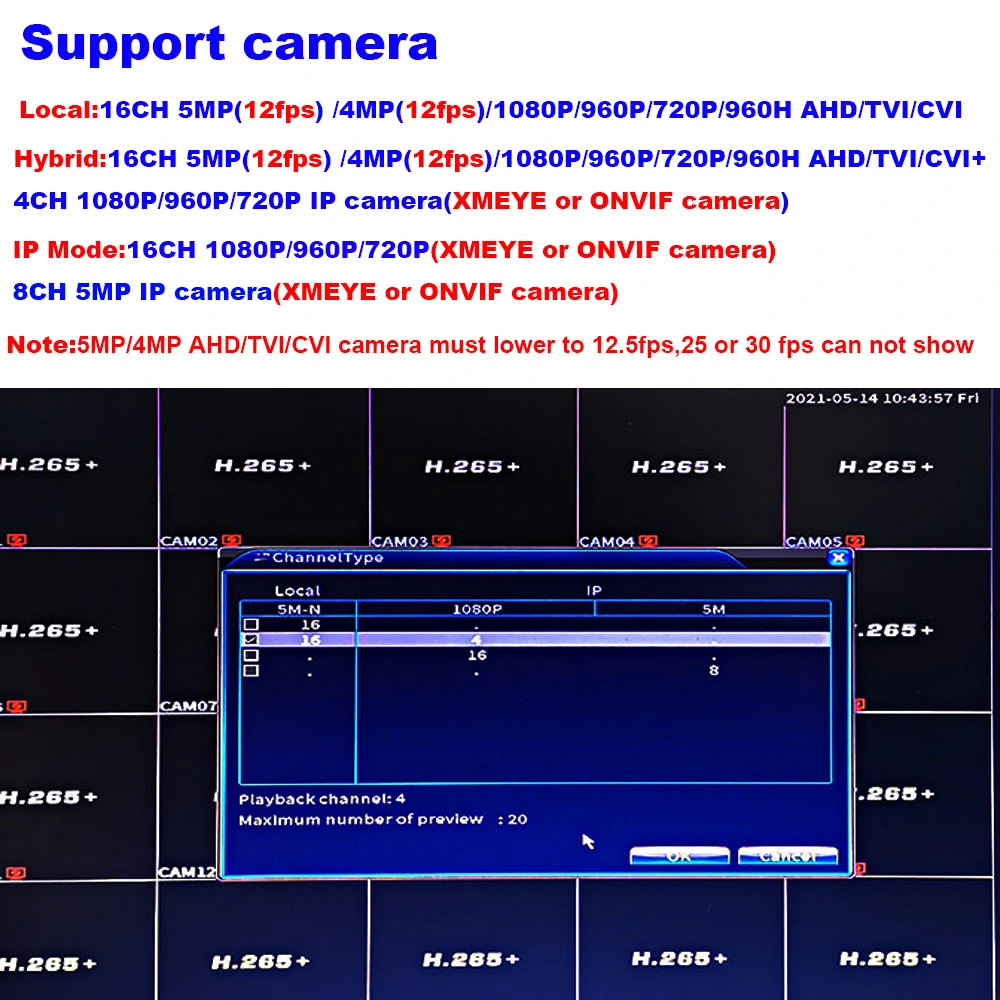 4CH 5MP-N Xmeye Xvr 6 en 1 Réseau Ahd CCTV DVR de sécurité de l'enregistreur vidéo numérique