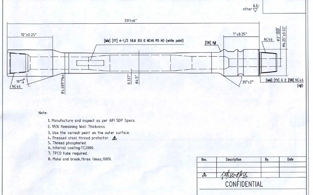 Просверлите отверстие трубы API 5dp E75 X95 G105 S135 NC38 Eue