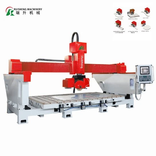 Ruisheng Machine de découpe de pierre CNC à 5 axes avec scie à pont et système d'aspiration polyvalent pour les dalles de granit et de marbre pour les plans de travail.